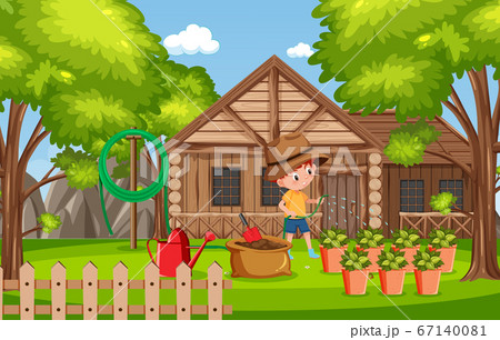 Background scene with wooden house in the park 67140081