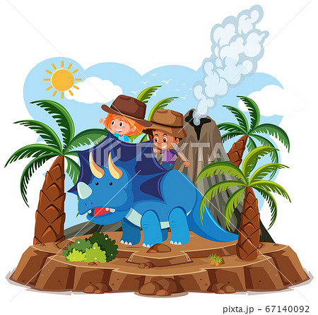 Kids ride cute dinosaur with volcano eruption 67140092