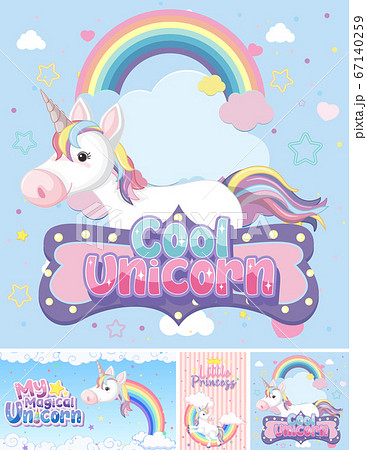 Cute Unicorn Banner On Pastel Background Colorのイラスト素材