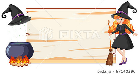 Witch with black magic pot and broomstick and 67140296