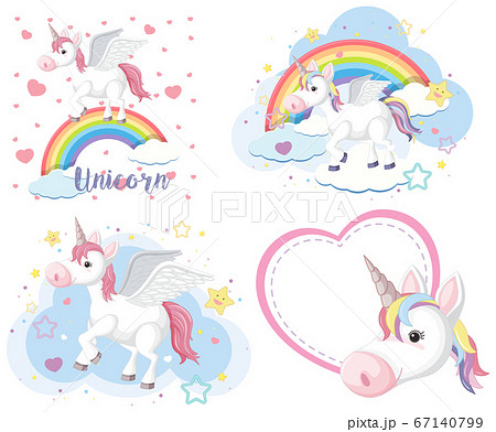 Set Of Cute Unicorn Or Pegasus In Pastel Colorのイラスト素材