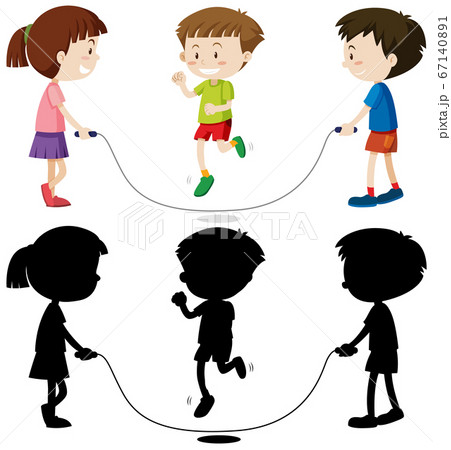 Three Kids Playing Jump Rope In Color And Inのイラスト素材