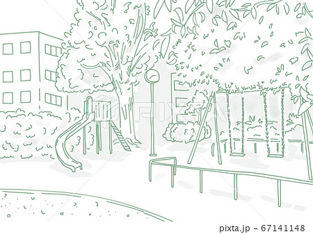 シンプルな線画で描かれた都会の公園風景人物なし影ありのイラスト素材