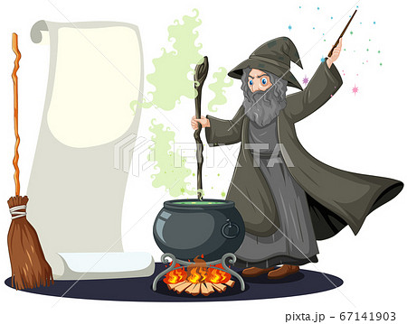 Old wizard with black magic pot and broomstick and 67141903