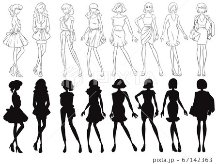 Set of female sketch and silhouette Set of female sketch and silhouette 67142363