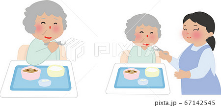 左麻痺で食事をするおばあちゃんと介助されて食事をするおばあちゃんのほっこり可愛いイラストのイラスト素材
