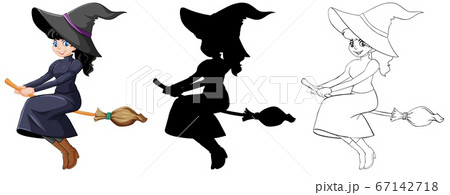 Witch in color and outline and silhouette cartoon 67142718