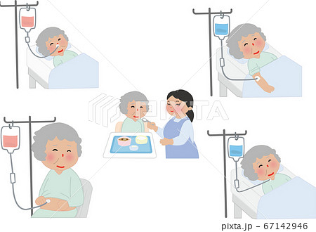 おばあちゃんが食事の介助を受けたり 腕や首 鼻からの点滴をしたり胃瘻を受けてるほっこりイラストセットのイラスト素材