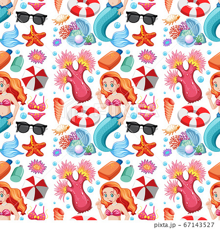 Seamless Mermaid And Summer Icon Cartoon Characterのイラスト素材