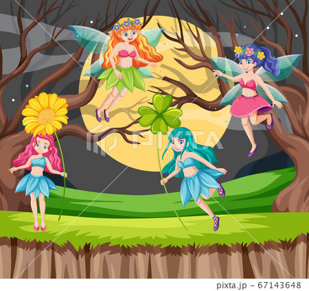Fairy Tales Holding Flower Cartoon Style On Moonのイラスト素材 Fairy Tales Holding Flower Cartoon Style On Moonのイラスト素材