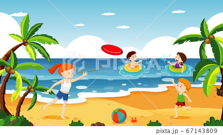 Ocean scene with people having fun on the beach 67143809