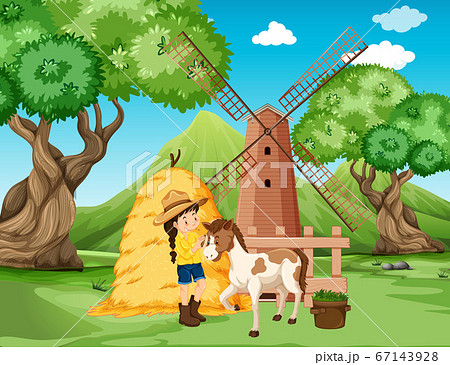 Farm scene with girl and horse on the farm 67143928
