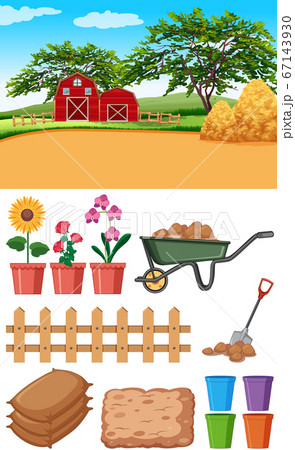 Farm scene with barns and other farming items 67143930