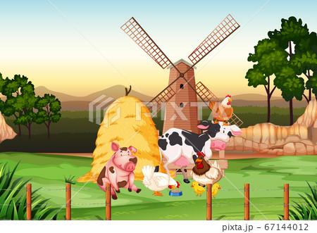 Farm scene with many animals on the farm 67144012