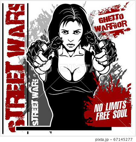 Beautiful woman holding a two guns vector print for t-shirt on grunge background Beautiful woman holding a two guns vector print for t-shirt on grunge background 67145277