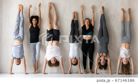 Happy young multiracial people having fun before workout. Happy young multiracial people having fun before workout. 67146386