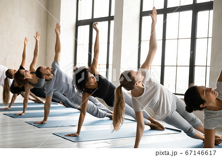 Young fit mixed race people standing in side plank. Young fit mixed race people standing in side plank. 67146617