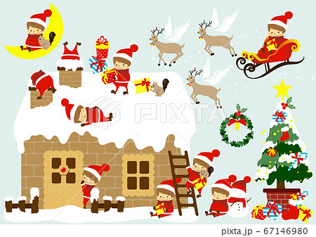 サンタがプレゼントを配達するベクターイラストセットのイラスト素材