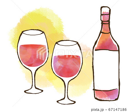 ワインボトル 赤ワイン グラス イラスト素材 水彩風のイラスト素材
