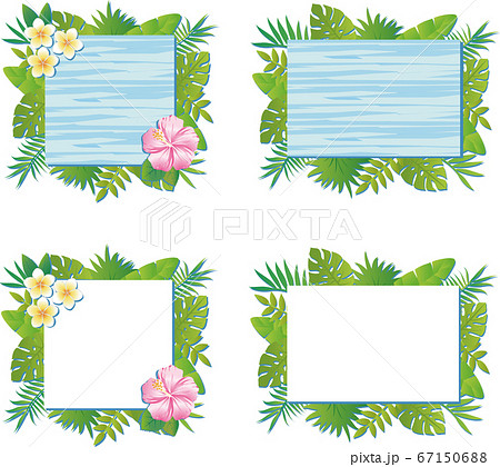 夏 植物 花 フレーム 飾り枠 木目 水色 コピースペース セットのイラスト素材