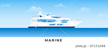 Marine boat in sea. Vector flat illustrations. Marine passenger powerboat on backdrop sea and sky. 67151098