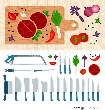 Meat cutting knives set. Cooking juicy beef steak. Grilled ribeye beef steak, herbs and spices. Meat Knife. Set of butcher meat knives for butcher shop vector illustration in a flat design. 67151100