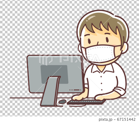 マスクをつけたデスクワークの男性のイラスト パソコン のイラスト素材