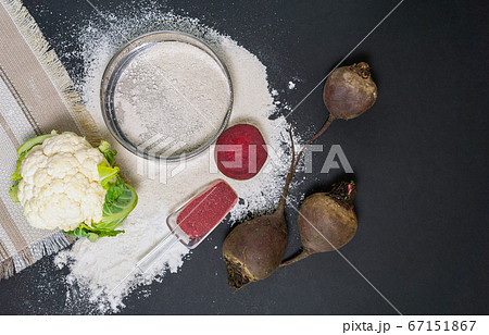 gluten free flour potato flour, cauliflower flour, beetroot flour with top view gluten free flour potato flour, cauliflower flour, beetroot flour with top view 67151867