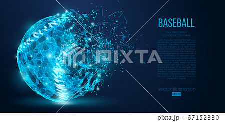 Abstract baseball ball from particles on blue background. All elements on a separate layers, color can be changed to any other. Low poly neon wire outline geometric baseball player. Vector 67152330