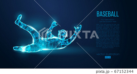 Abstract baseball player from particles on blue background. All elements on a separate layers, color can be changed to any other. Low poly neon wire outline geometric baseball player. Vector baseball 67152344