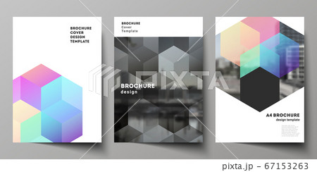 Vector layout of A4 format cover mockups design templates with colorful hexagons, geometric shapes, tech background for brochure, flyer layout, booklet, cover design, book design, brochure cover. 67153263