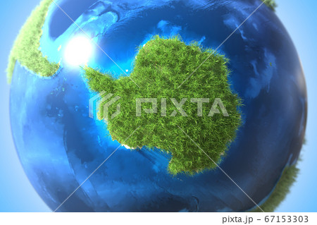 Antarctica continent covered with green grass on the globe. Dramatic climate change related conceptual 3D rendering Antarctica continent covered with green grass on the globe. Dramatic climate change related conceptual 3D rendering 67153303