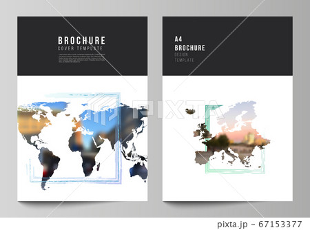 Vector layout of A4 cover mockups templates for brochure, flyer layout, cover design, book design, brochure cover. Design template in the form of world maps and colored frames, insert your photo. 67153377