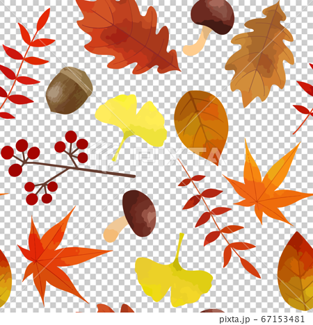 秋のシームレスパターンのイラスト 白背景に散りばめた紅葉やキノコの素材 のイラスト素材
