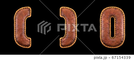 Set of symbols left and right parentheses, number 0 made of leather. 3D render font with skin texture isolated on black background. Set of symbols left and right parentheses, number 0 made of leather. 3D render font with skin texture isolated on black background. 67154339