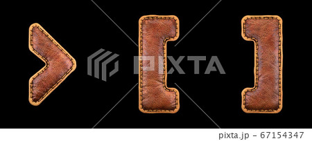 Set of symbols right angle bracket, left and right bracket made of leather. 3D render font with skin texture isolated on black background. Set of symbols right angle bracket, left and right bracket made of leather. 3D render font with skin texture isolated on black background. 67154347