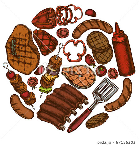 Round design with colored spatula, Pork ribs, kebab, sausages, steak, sauce bottles, grilled burger patties, grilled tomato, grilled salmon steak, grilled bell pepper 67156203