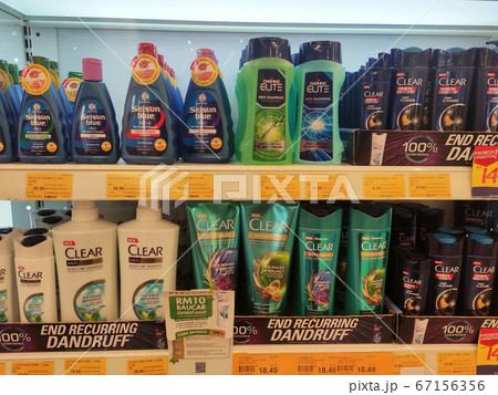 SEREMBAN, MALAYSIA -JUNE 9, 2020: Hair shampoo in plastic bottle packaging, on display for sale on the shelves in the supermarket. Sorted by the brand to make it easier for customers to choose. 67156356