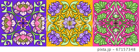 Art Nouveau ceramic tile pattern. Floral motifs in retro style. 67157348