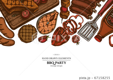 Colored elements design with spatula, Pork ribs, kebab, sausages, steak, sauce bottles, grilled burger patties, grilled tomato, grilled salmon steak, grilled bell pepper Colored elements design with spatula, Pork ribs, kebab, sausages, steak, sauce bottles, grilled burger patties, grilled tomato, grilled salmon steak, grilled bell pepper 67158255