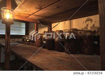 Jars with pickled vegetables, fruity compotes and jams in abandoned basement with a light hanging Preserved food in a dark cellar Jars with pickled vegetables, fruity compotes and jams in abandoned basement with a light hanging Preserved food in a dark cellar 67158258
