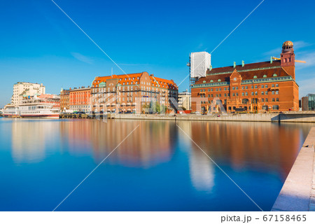 Malmo cityscape reflected in water, Sweden 67158465