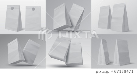 Realistic food bag. White empty paper food box isolated on white for design template. Vector cardboard package mock up set Realistic food bag. White empty paper food box isolated on white for design template. Vector cardboard package mock up set 67158471