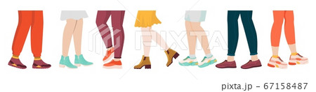 Shoes on legs. Cartoon sport and fashion wear on foot, female and male legs with sneakers and socks. Vector hand drawn set 67158487