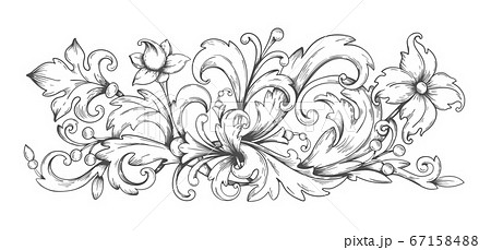 Baroque ornament. Border engraved filigree elements with leaves, vintage Victorian scroll decorative arabesque. Vector frame heraldic swirl 67158488