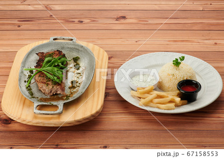 Tasty food on wooden table 67158553