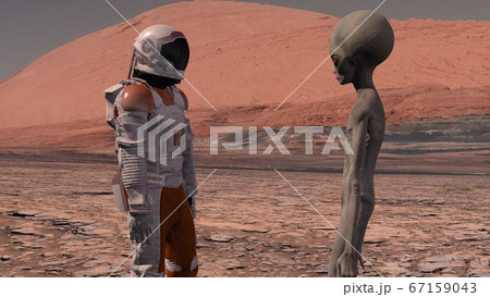 Astronaut meets a Martian on Mars. First contact. Astronaut meets a Martian on Mars. First contact. 67159043
