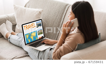 Asian woman planning vacation travel with laptop and cellphone at home, collage Asian woman planning vacation travel with laptop and cellphone at home, collage 67159431