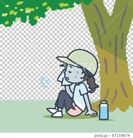 ランニング中 木陰で休む女性のイラストのイラスト素材