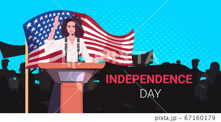 female politician speaking to people from tribune 4th of july american independence day celebration concept 67160179